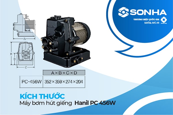 Kích thước máy bơm nước Hanil 500W PC 456W