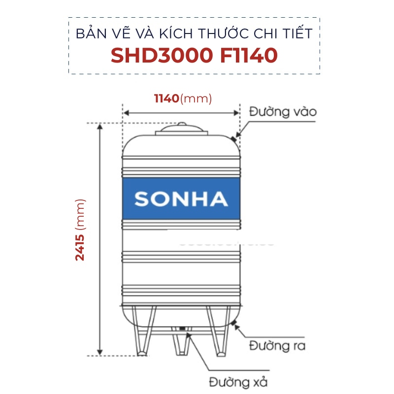 Kích thước bồn nước inox Sơn Hà 3000l đứng (Φ1140)