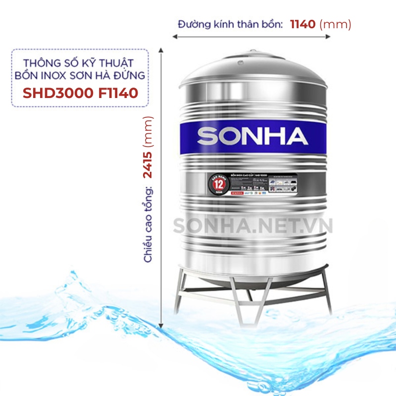 Kích thước bồn nước inox Sơn Hà 3000l đứng (Φ1140)