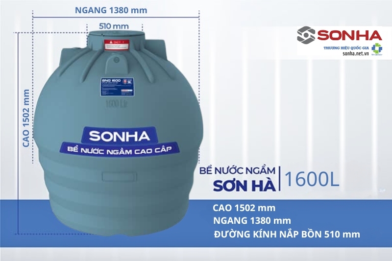 Kích thước bể nước ngầm Sơn Hà 1600L