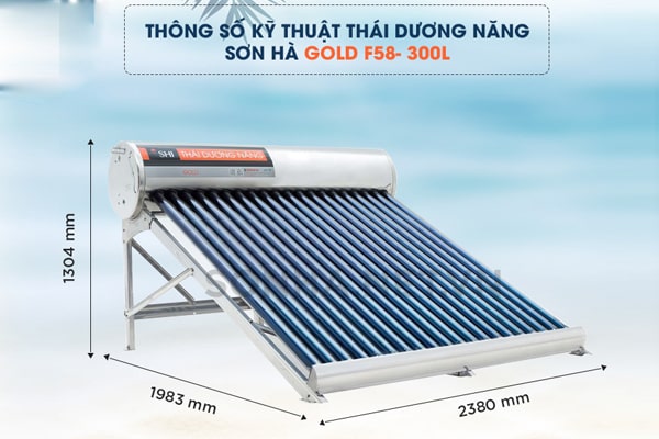 Kích thước thái dương năng 300L Sơn Hà Gold