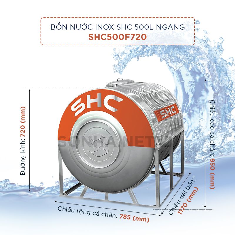 Thông số kỹ thuật bồn Inox SHC ngang 500 lít