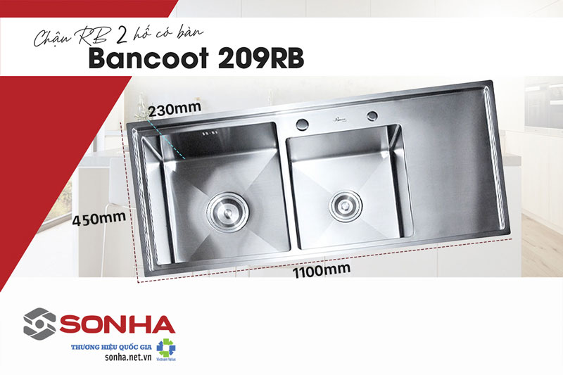 Kích thước chậu rửa bát 2 hố có bàn chờ Bancoot 209RB