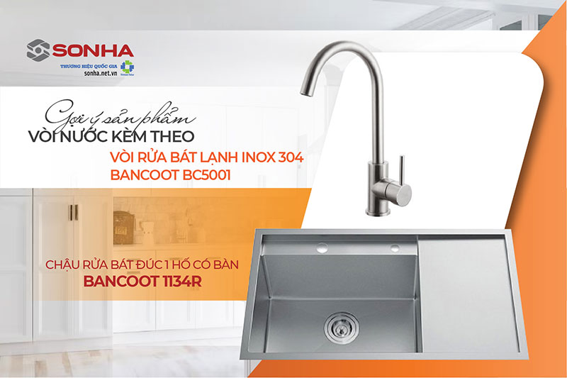 Lắp chậu rửa chén 1 hộc Bancoot 1134R và vòi Bancoot BC5001