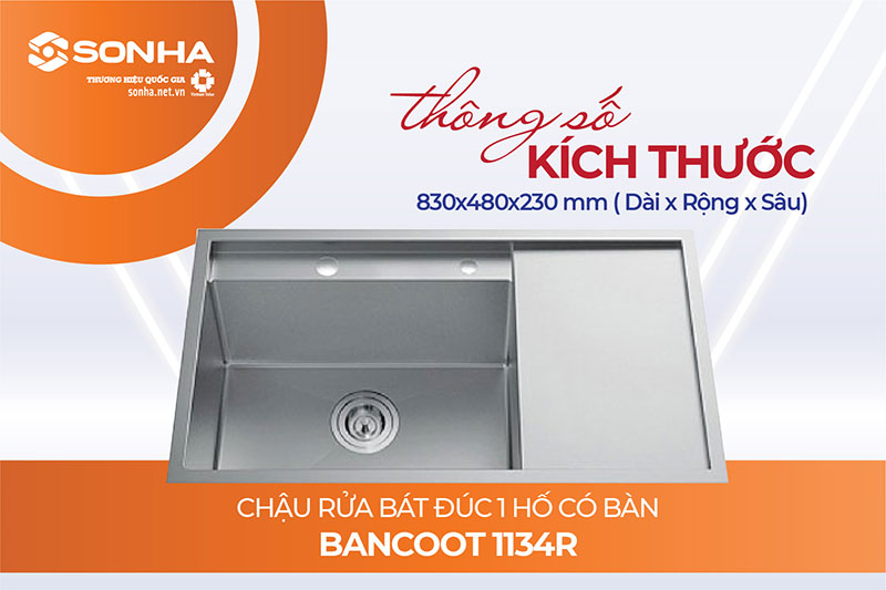 Kích thước chậu rửa bát 1 hố Bancoot 1134R