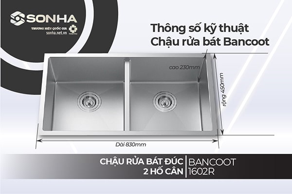 Thông số kỹ thuật chậu rửa bát đúc 2 hố cân Bancoot 1602R