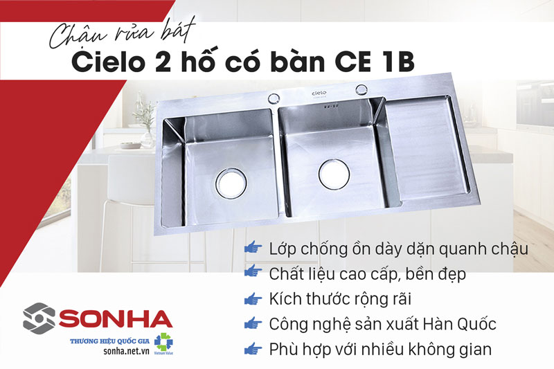 Ưu điểm chậu rửa bát 2 hố có bàn chờ Cielo CE 1B