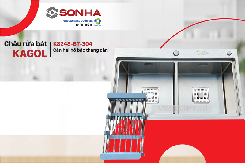 Chậu rửa bát KAGOL K8248-BT-304 Cân hai hố bậc thang cân, Inox 304