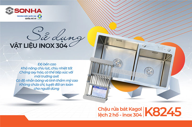 Bồn rửa chén Kagol K8245-304 làm từ inox 304