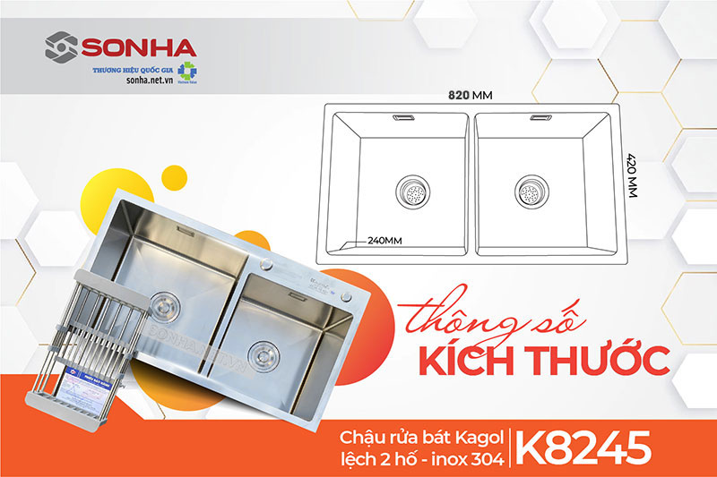 Kích thước chậu rửa bát Kagol K8245-304