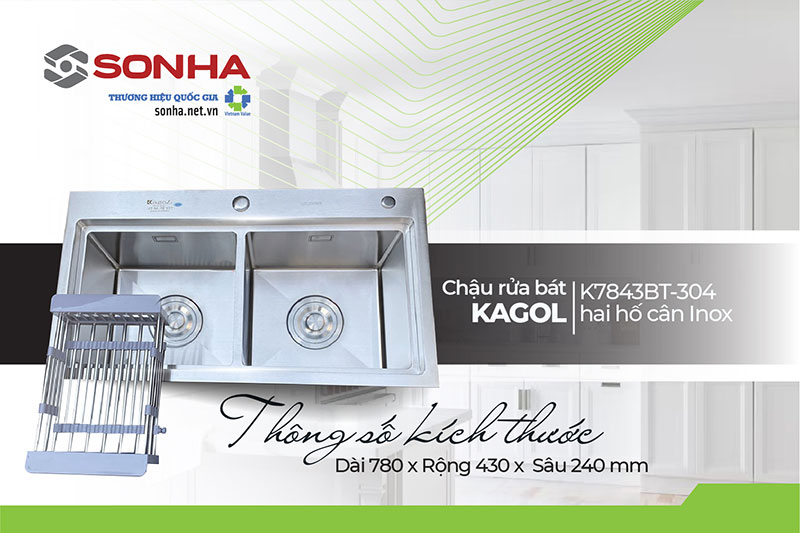 Kích thước chậu rửa inox 304 Kagol K7843BT-304