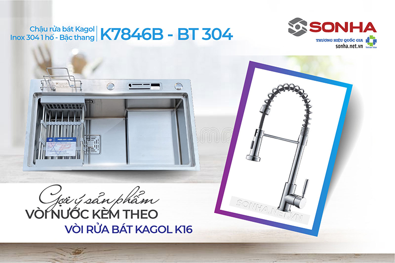 Chậu Kagol K7846B - BT 304 1 hố với vòi K16