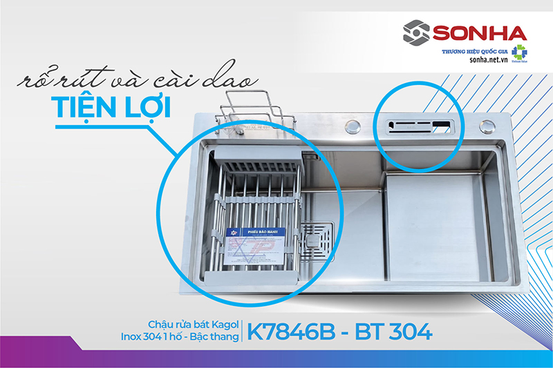 Chậu Kagol K7846B - BT 1 hố 304 tiện ích sử dụng