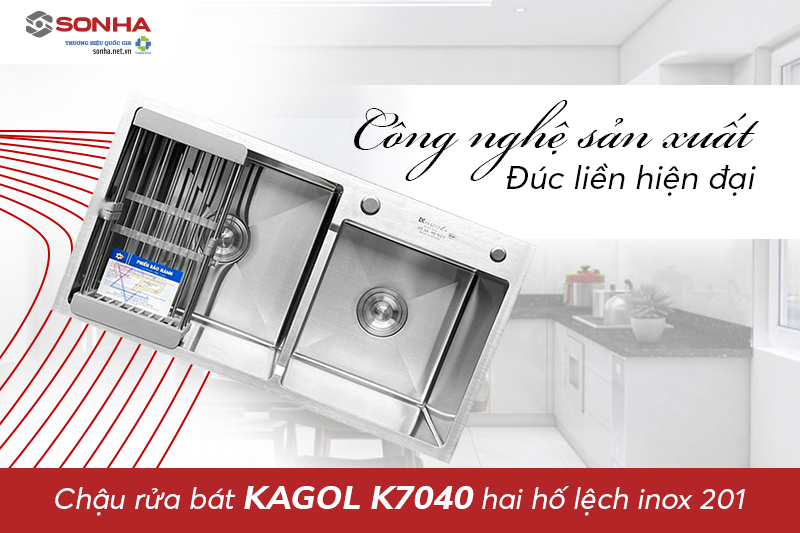 Chậu K7040 hai hố lệch inox 201 với công nghệ đúc liền khối