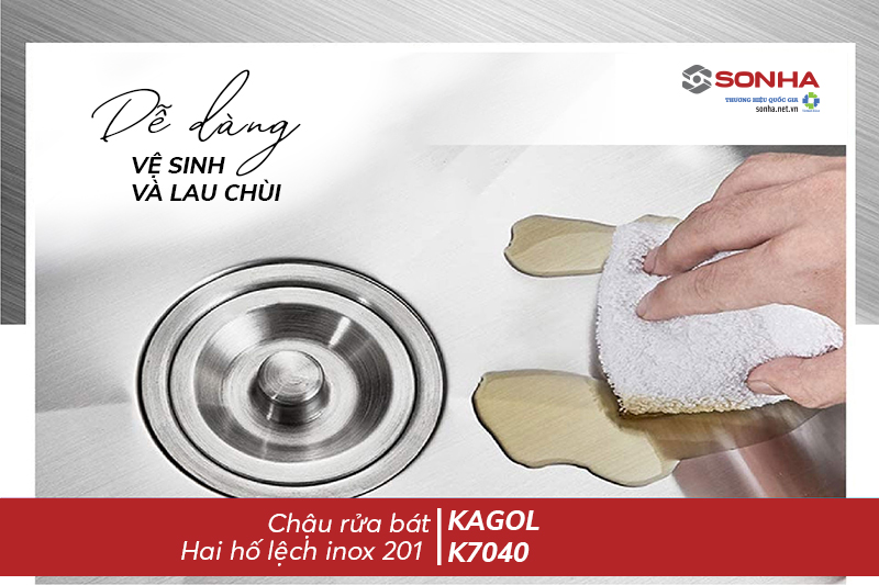 Chậu Kagol K7040 hai hố lệch inox 201 dễ dàng vệ sinh