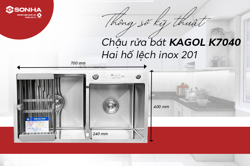 Kích thước chậu Kagol K7040 hai hố lệch inox 201