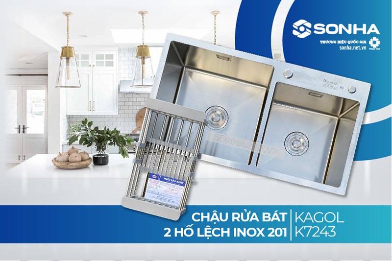 Chậu rửa bát Kagol K7243 2 hố lệch inox 201