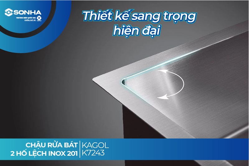 Thiết kế bồn rửa Kagol K7243 2 hố lệch đường viền vuông vắn