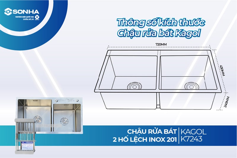 Kích thước chậu rửa bát inox Kagol K7243 lệch 2 hố