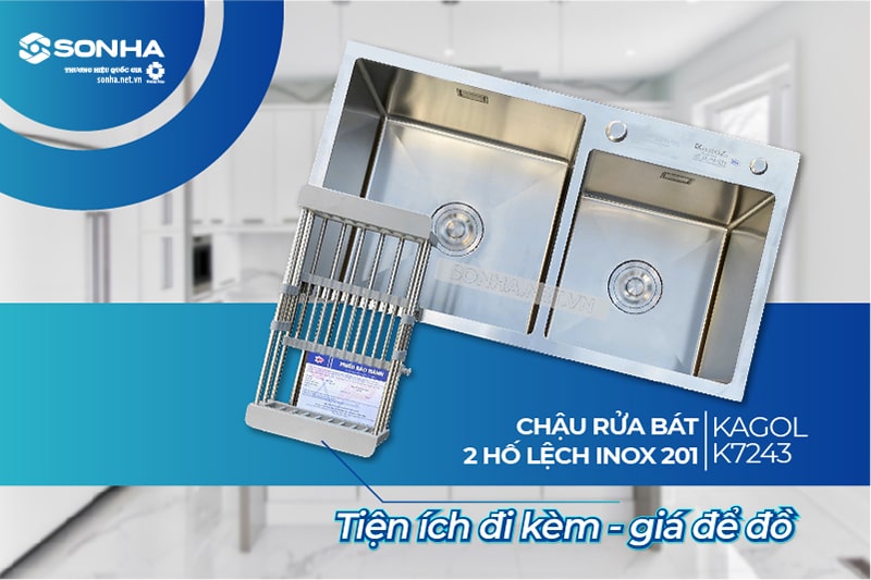 Giá để đồ bồn rửa chén inox Kagol K7243 lệch inox 201