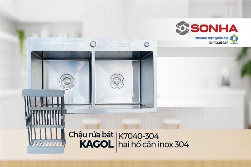 Chậu rửa bát Kagol K7040-304 hai hố cân inox 304