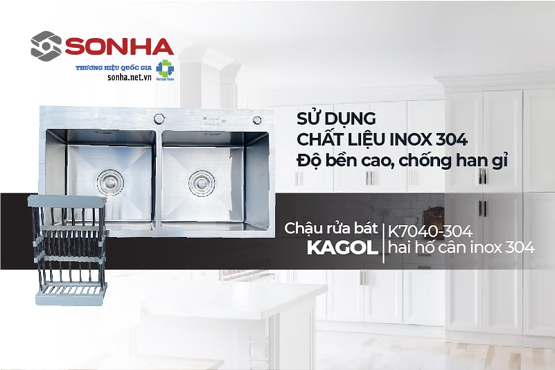 Chậu rửa Kagol K7040-304 2 hố cân làm từ inox 304