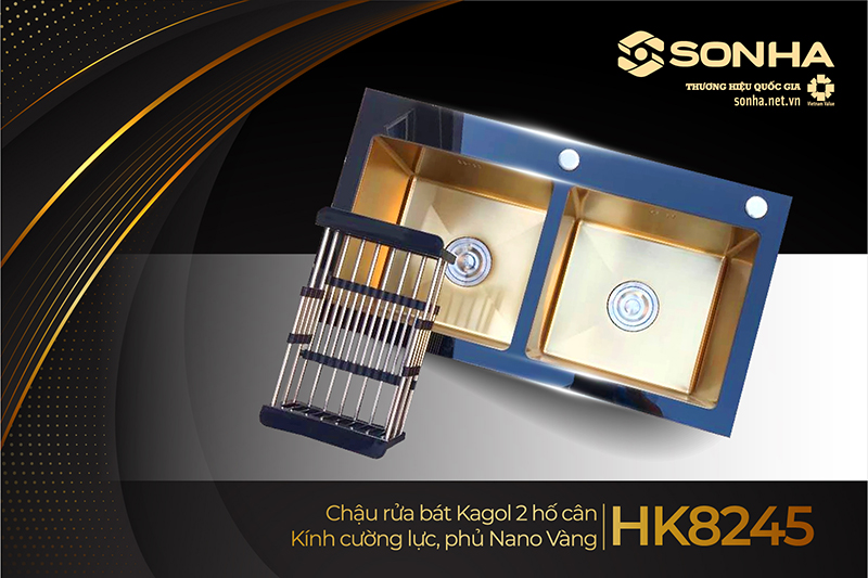 Chậu rửa bát Kagol HK8245 hai hố cân kính cường lực nano vàng