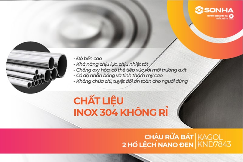 Bồn rửa chén Kagol KND7843 2 hố lệch từ inox 304