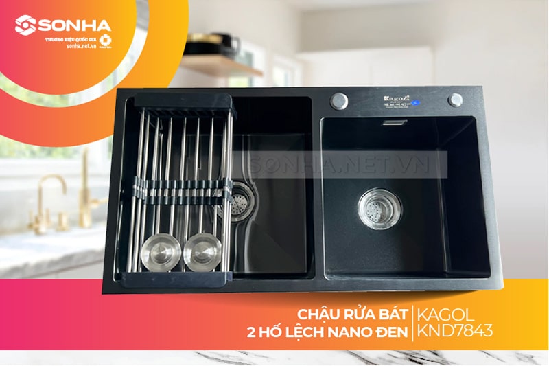 Chậu rửa bát Kagol KND7843 2 hố lệch nano đen