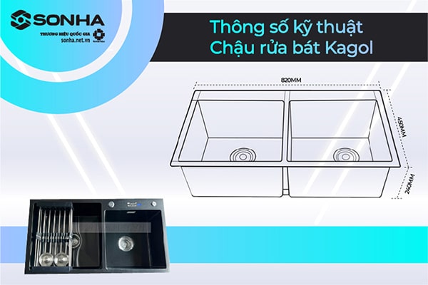 Thông số kỹ thuật bồn rửa chén Kagol KND8245 2 hố lệch