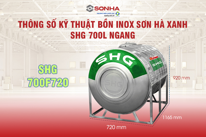 Thông số kỹ thuât Bồn nước Inox Sơn Hà Xanh SHG 700L Ngang