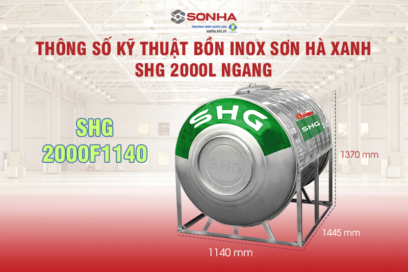 Thông số kỹ thuật Bồn nước Inox Sơn Hà Xanh SHG 2000L Ngang