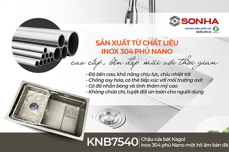 Bồn rửa chén 1 ngăn lớn KNB7540-304 làm từ inox 304