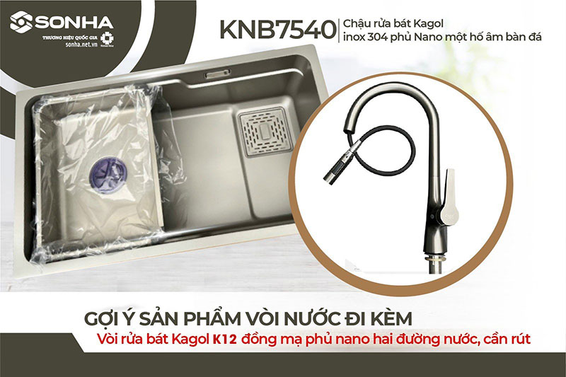 Cặp đôi chậu rửa 1 hố Kagol KNB7540-304 và vòi Kagol K12