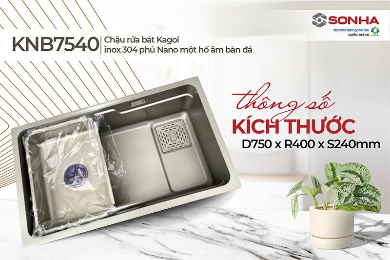 Thông số kích thước chậu 1 hố Kagol KNB7540-304